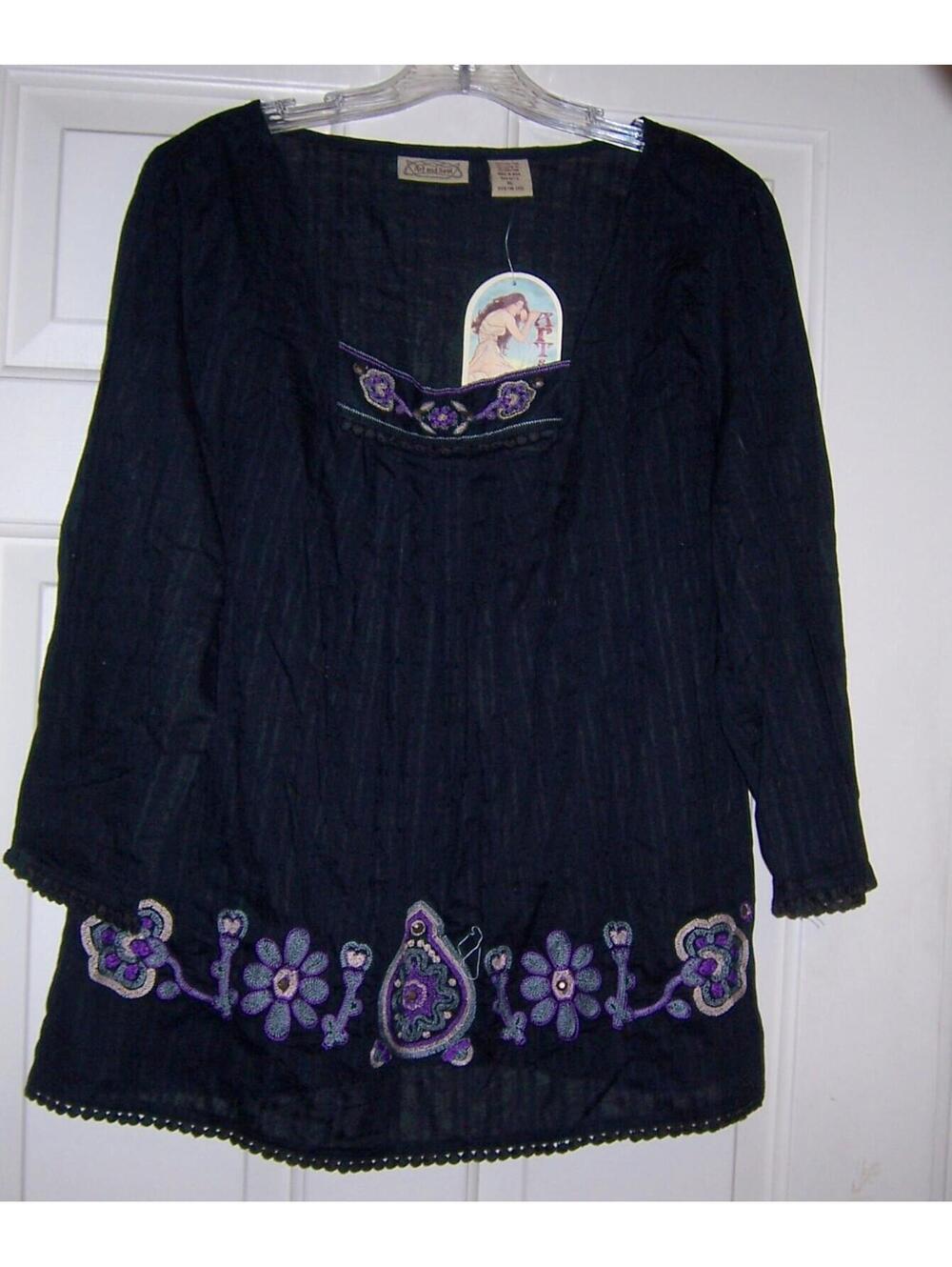 Art & Soul Black Embroidered 3/4 Sleeve Tunic Blouse XL -NWT